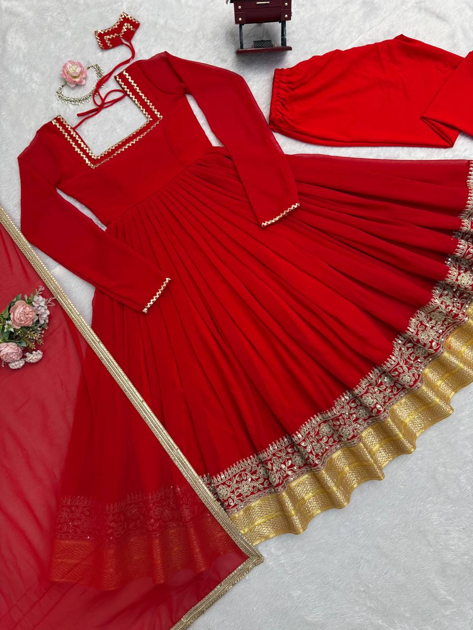Red soft micro cotton blooming georgette embroidery work anarkali set