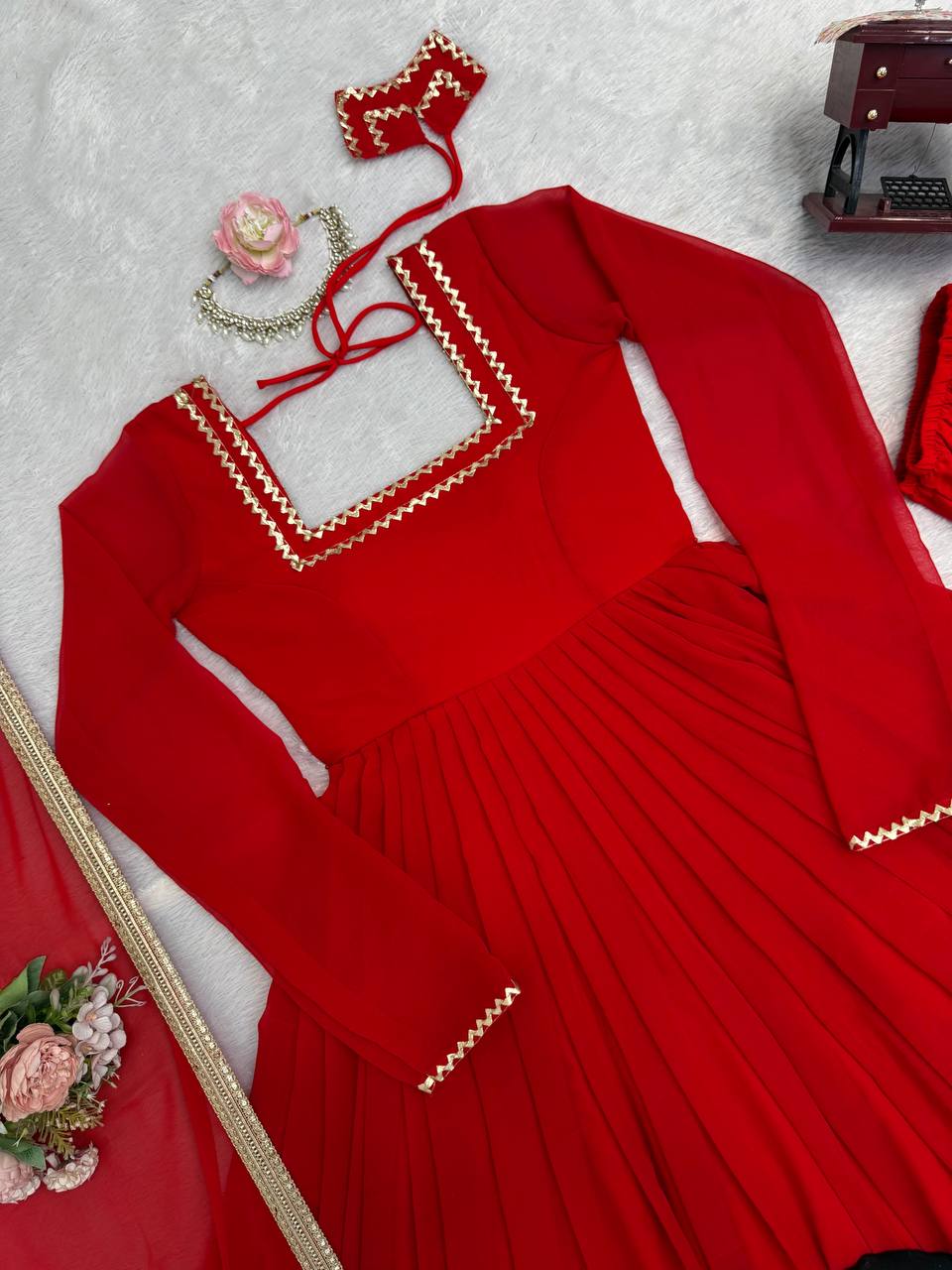 Red soft micro cotton blooming georgette embroidery work anarkali set