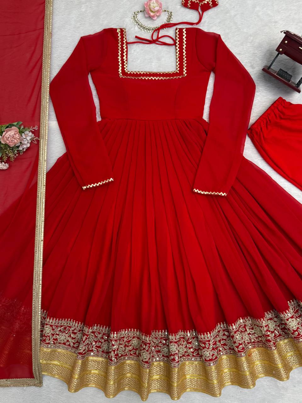 Red soft micro cotton blooming georgette embroidery work anarkali set