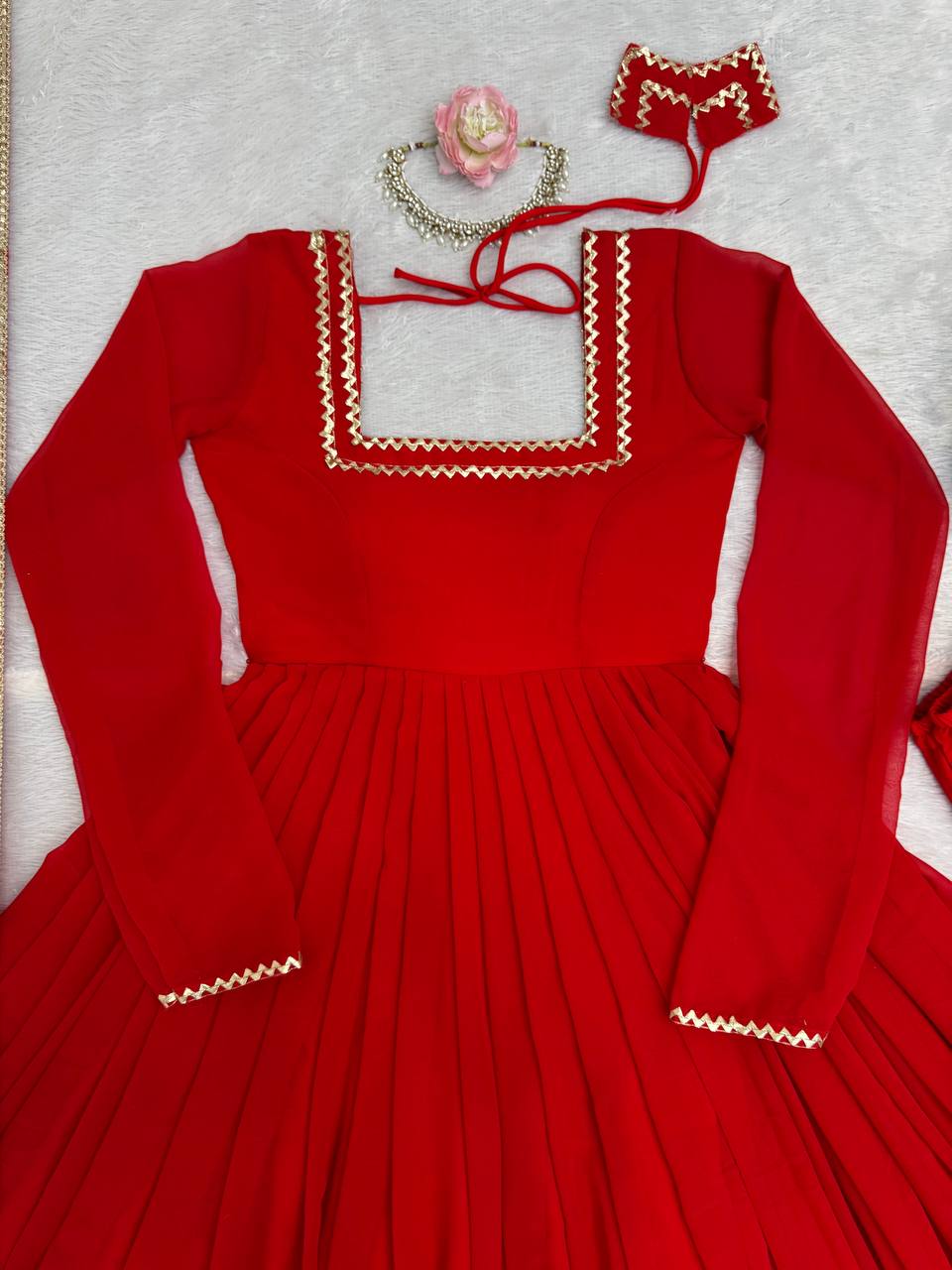 Red soft micro cotton blooming georgette embroidery work anarkali set
