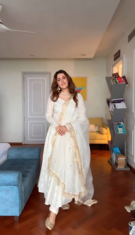 White faux blooming with embroidered thread work anarkali suit set