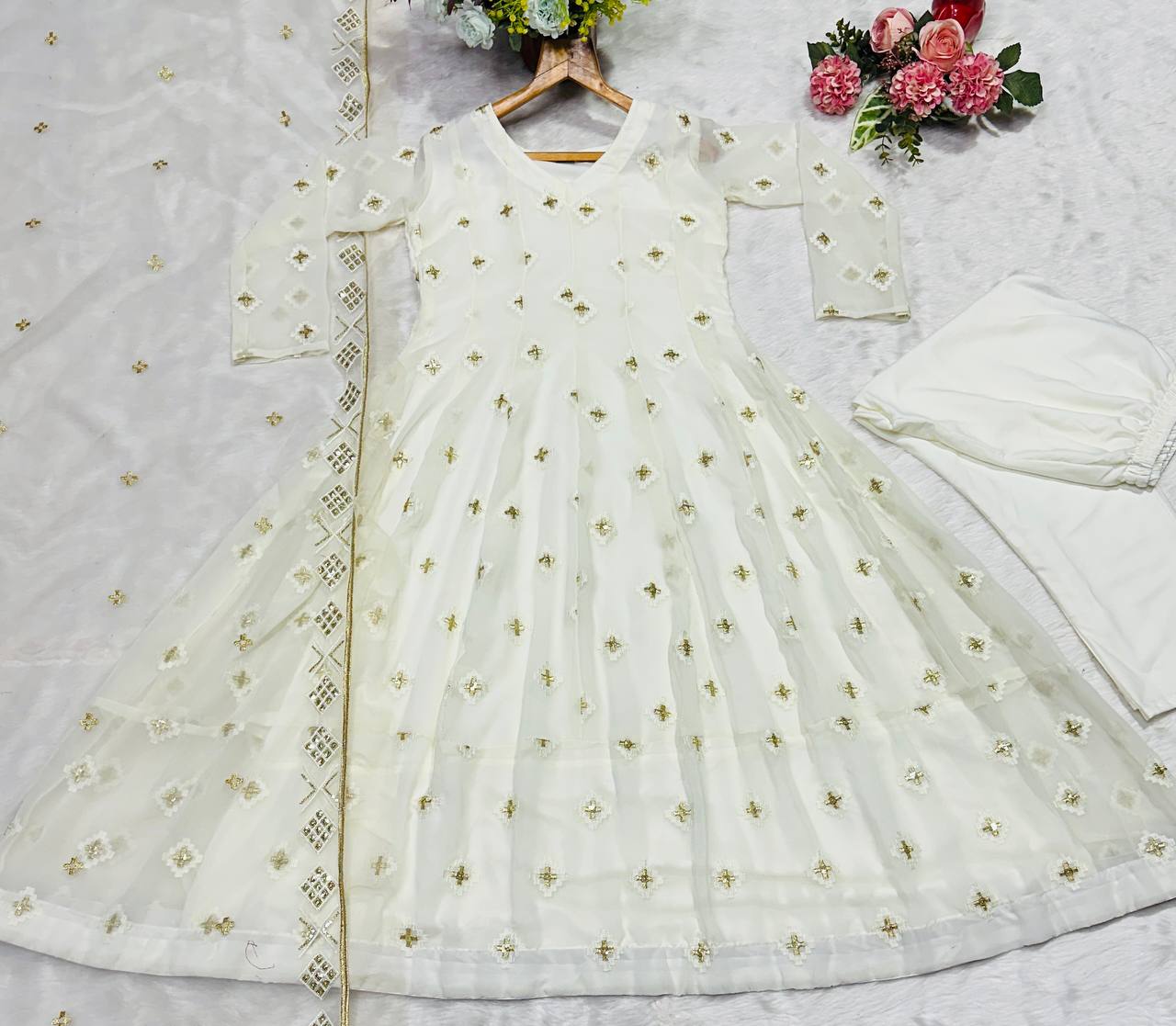White faux blooming with embroidered thread work anarkali suit set