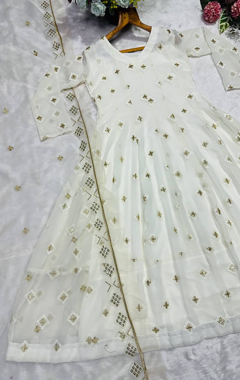 White faux blooming with embroidered thread work anarkali suit set
