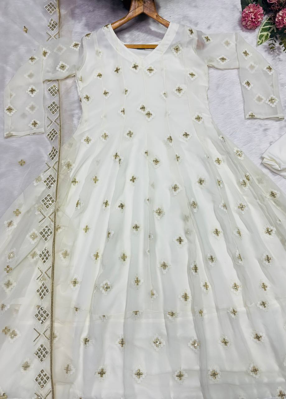 White faux blooming with embroidered thread work anarkali suit set