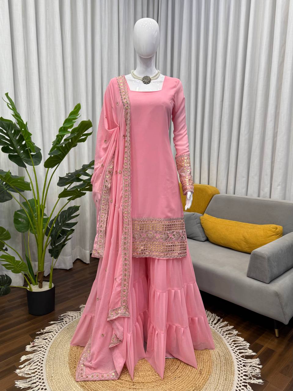 Pink foux georgette soft micro cotton top, sharara and dupatta