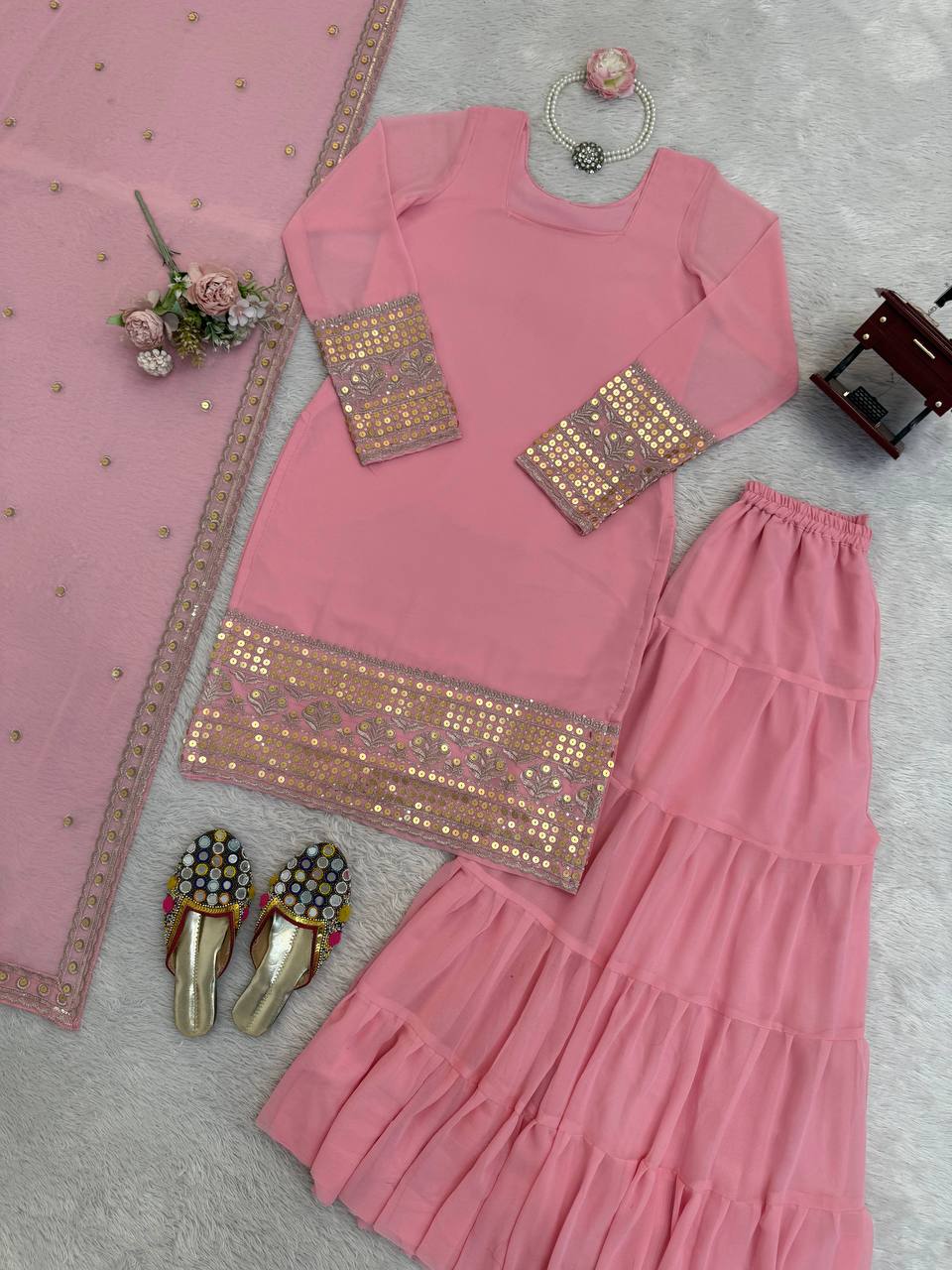 Pink foux georgette soft micro cotton top, sharara and dupatta