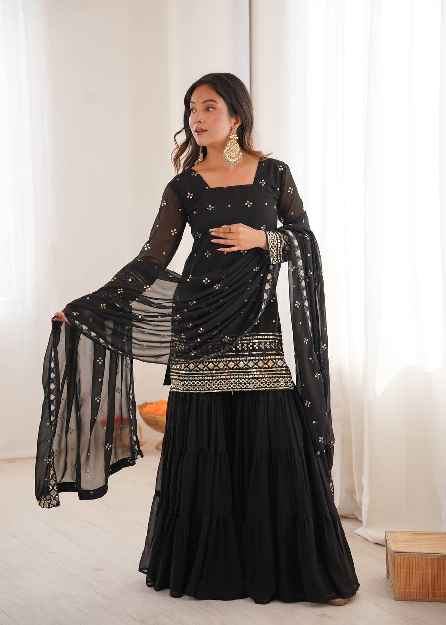 Black pure heavy georgette with embroidery sequence work women’s ethnic wear