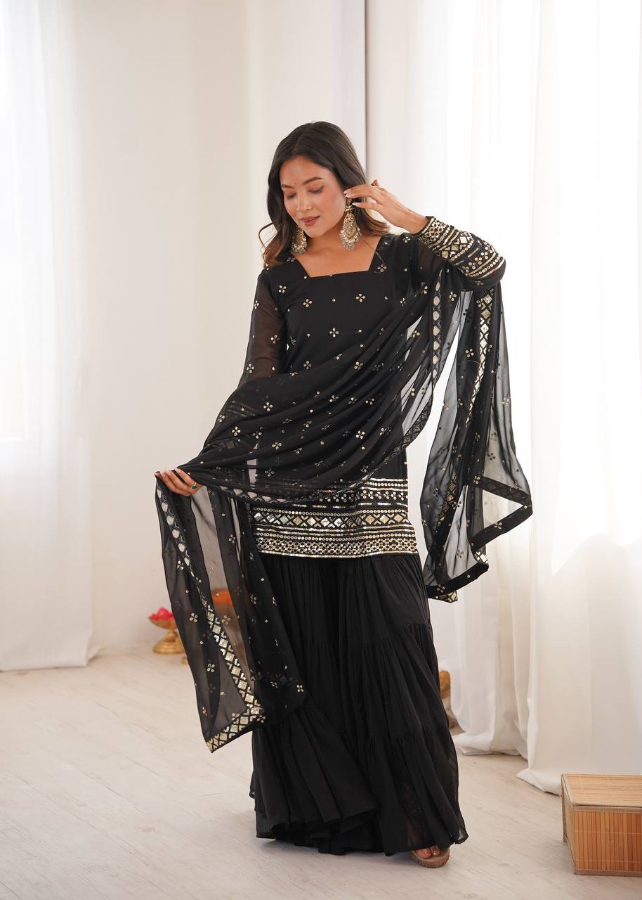 Black pure heavy georgette with embroidery sequence work women’s ethnic wear