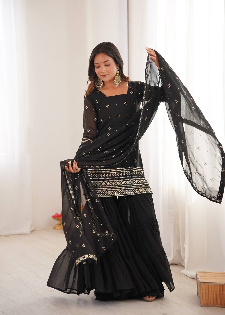 Black pure heavy georgette with embroidery sequence work women’s ethnic wear