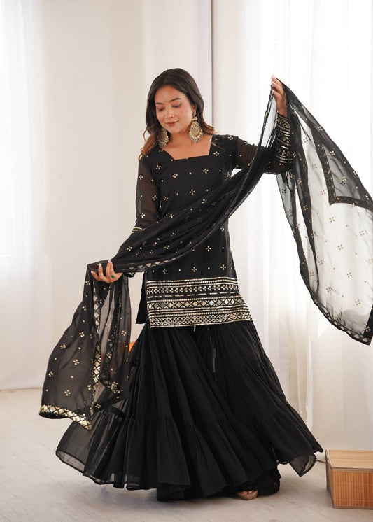 Black pure heavy georgette with embroidery sequence work women’s ethnic wear