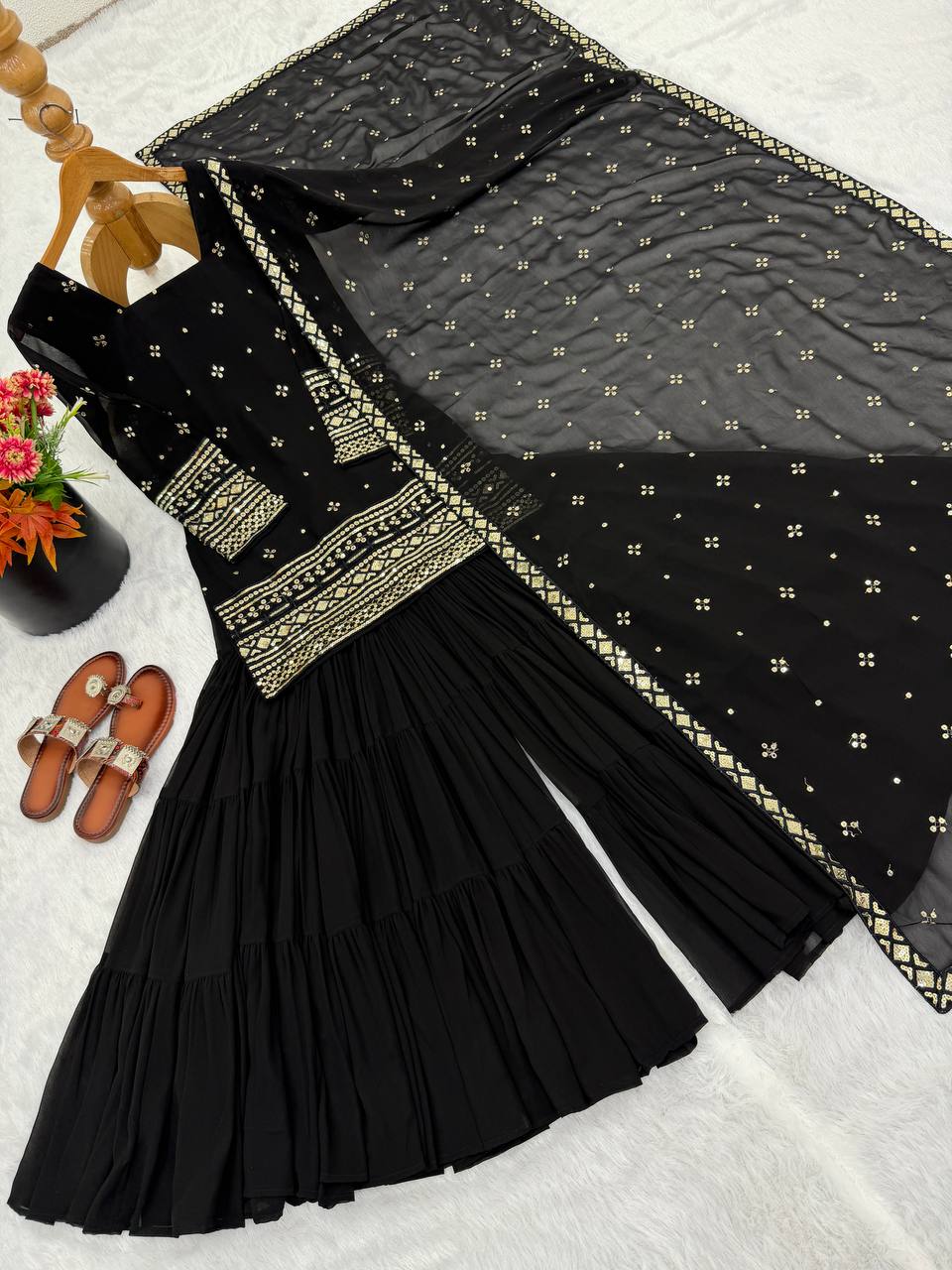 Black pure heavy georgette with embroidery sequence work women’s ethnic wear