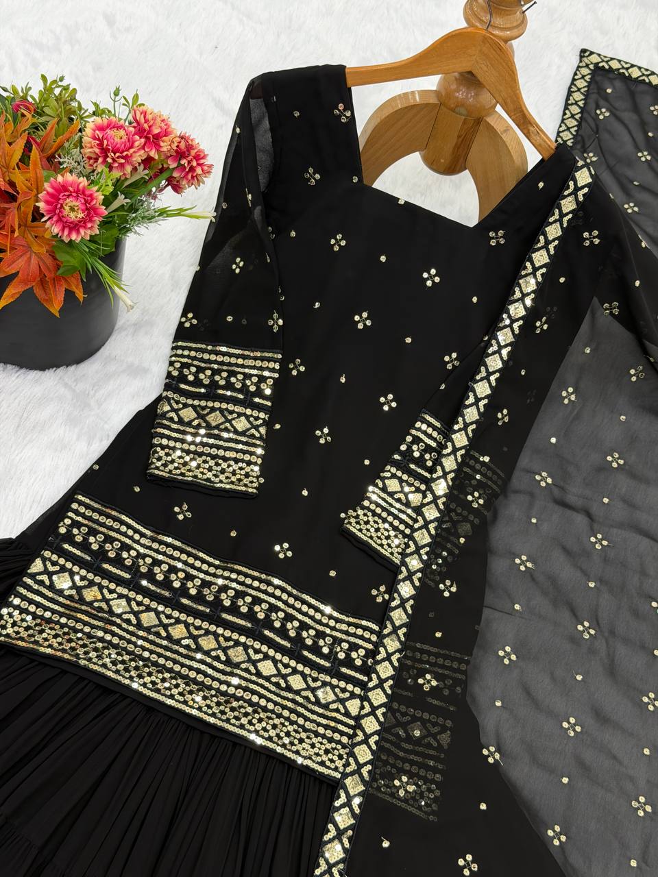 Black pure heavy georgette with embroidery sequence work women’s ethnic wear