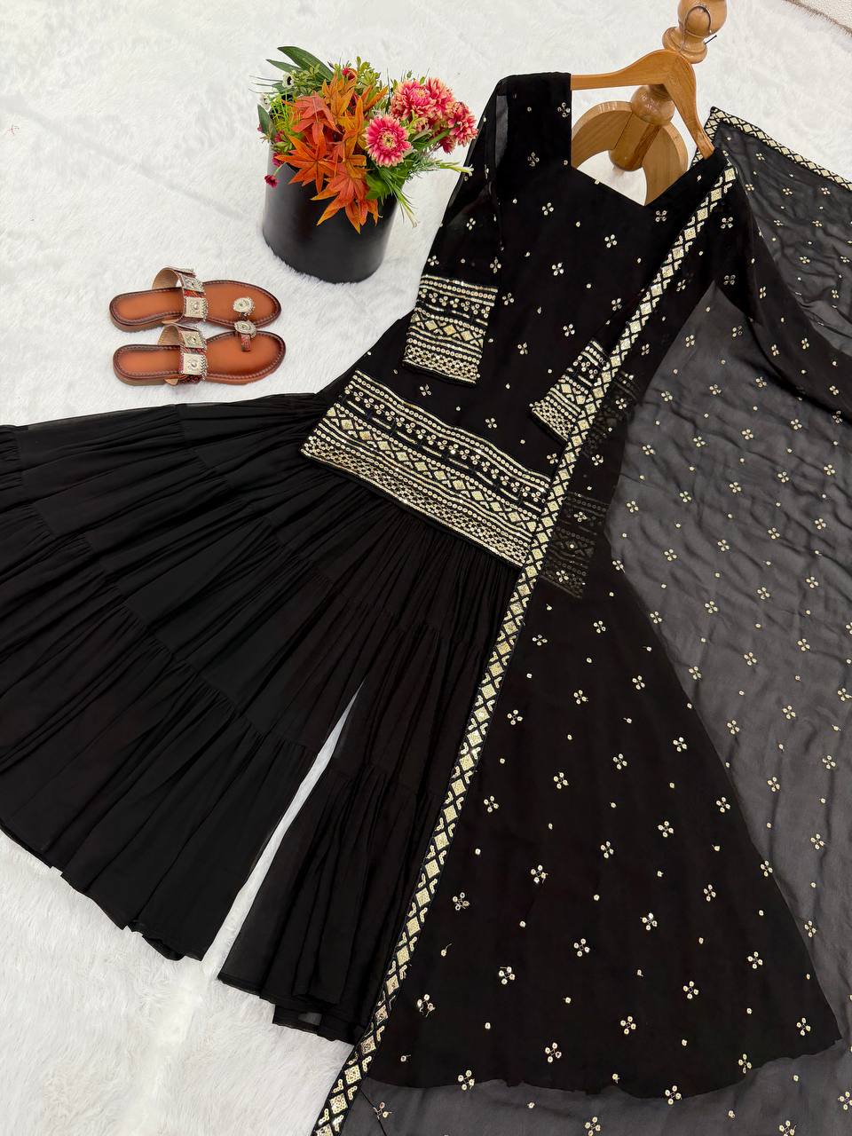 Black pure heavy georgette with embroidery sequence work women’s ethnic wear