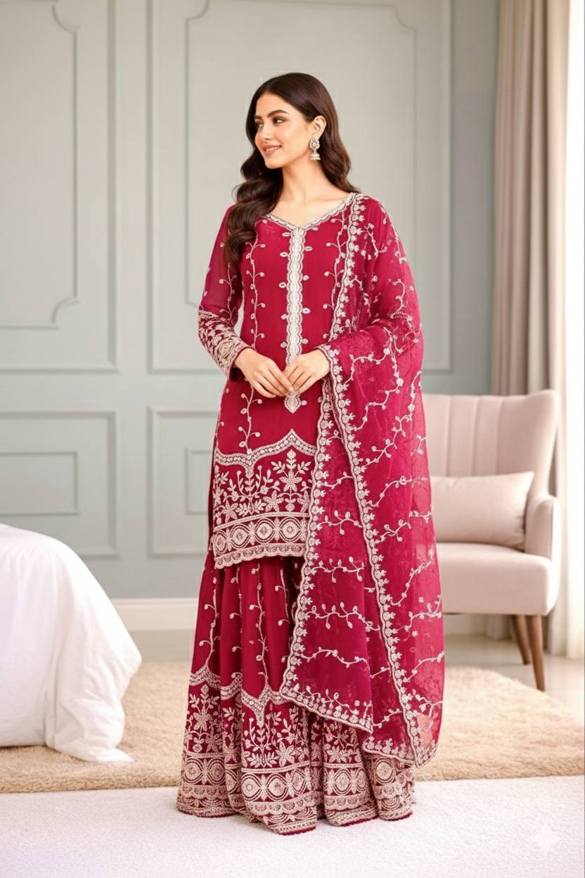 Pink pure fendy silk with embroidery sequence work top-bottom and dupatta set