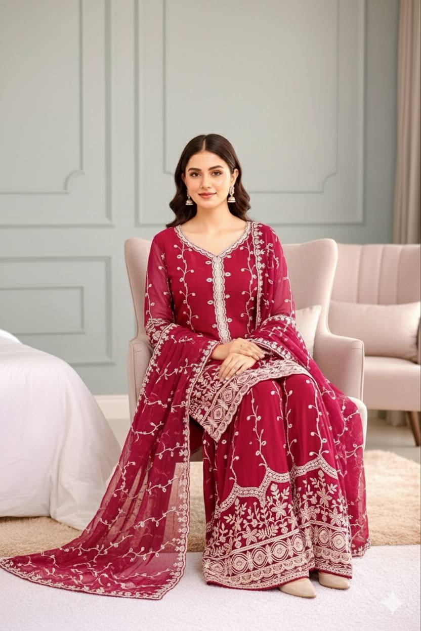 Pink pure fendy silk with embroidery sequence work top-bottom and dupatta set