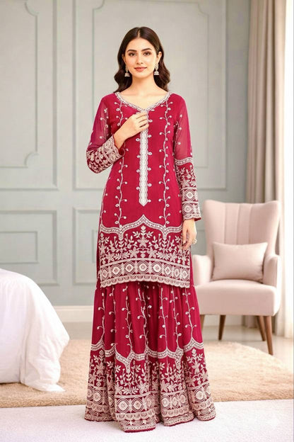 Pink pure fendy silk with embroidery sequence work top-bottom and dupatta set