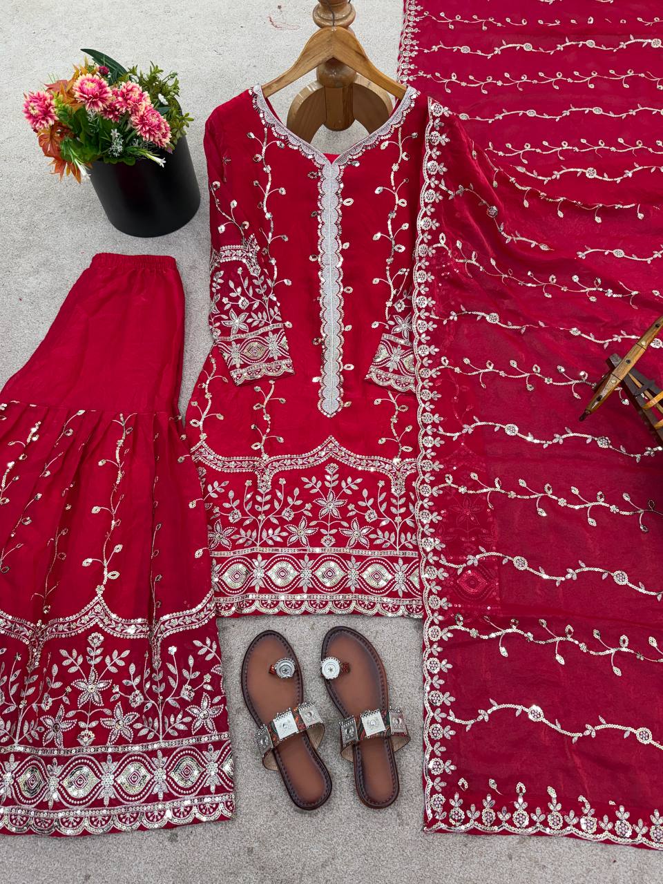 Pink pure fendy silk with embroidery sequence work top-bottom and dupatta set