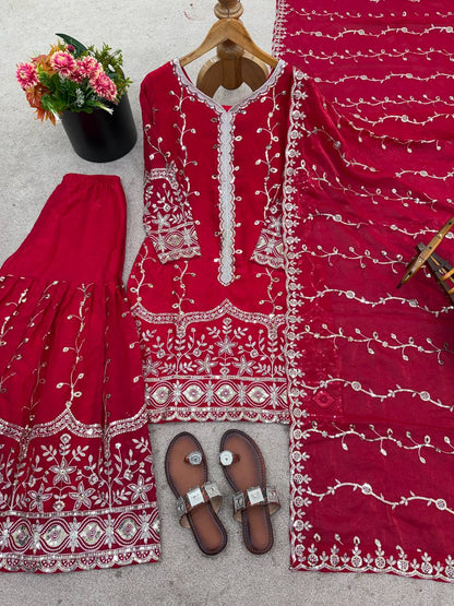 Pink pure fendy silk with embroidery sequence work top-bottom and dupatta set