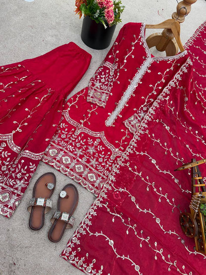 Pink pure fendy silk with embroidery sequence work top-bottom and dupatta set