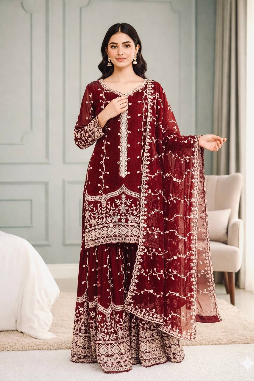 Maroon pure fendy silk with embroidery sequence work top-bottom and dupatta set