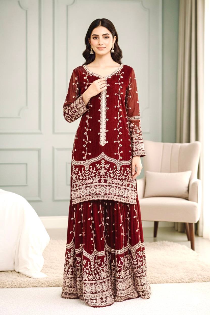 Maroon pure fendy silk with embroidery sequence work top-bottom and dupatta set