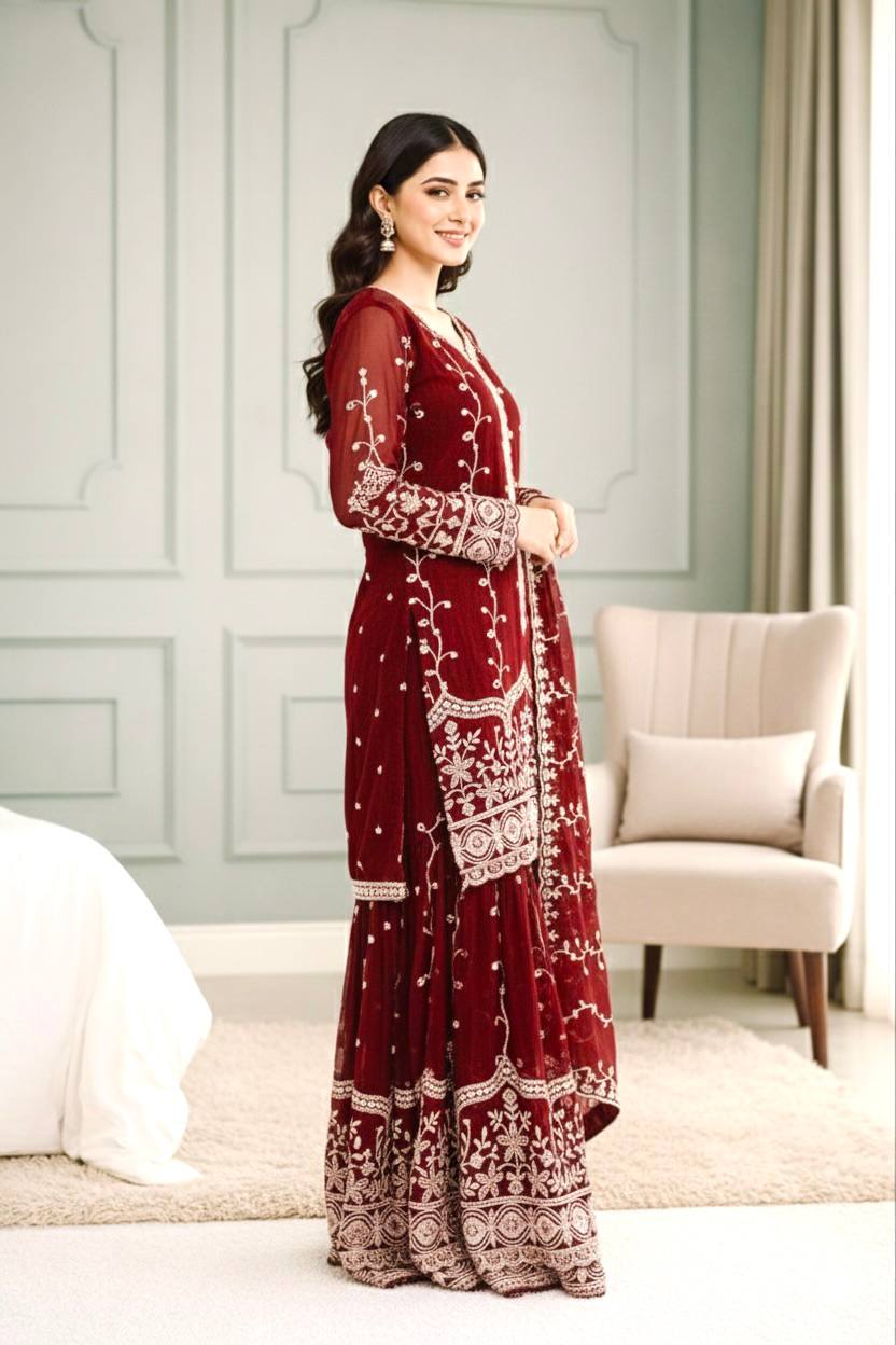 Maroon pure fendy silk with embroidery sequence work top-bottom and dupatta set