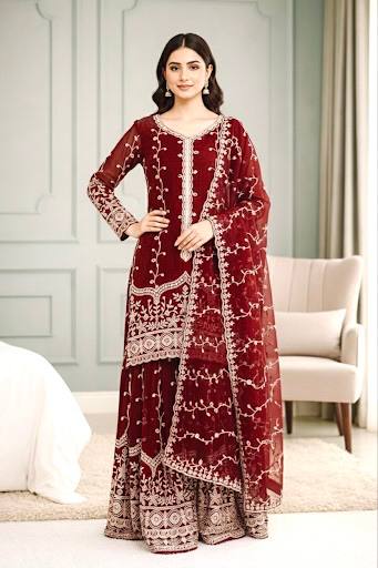 Maroon pure fendy silk with embroidery sequence work top-bottom and dupatta set