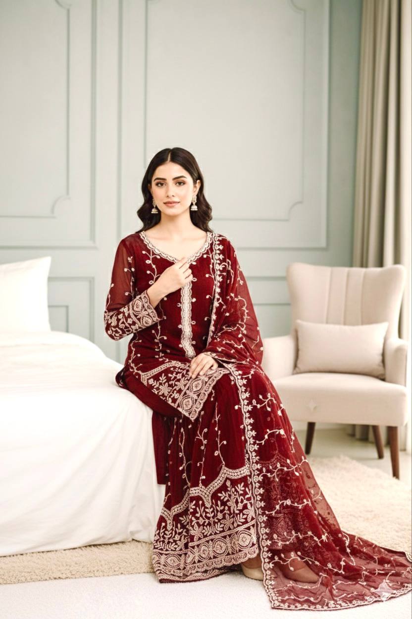 Maroon pure fendy silk with embroidery sequence work top-bottom and dupatta set
