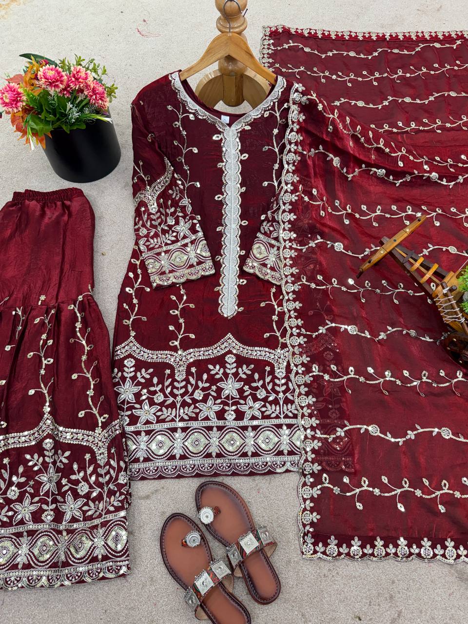 Maroon pure fendy silk with embroidery sequence work top-bottom and dupatta set