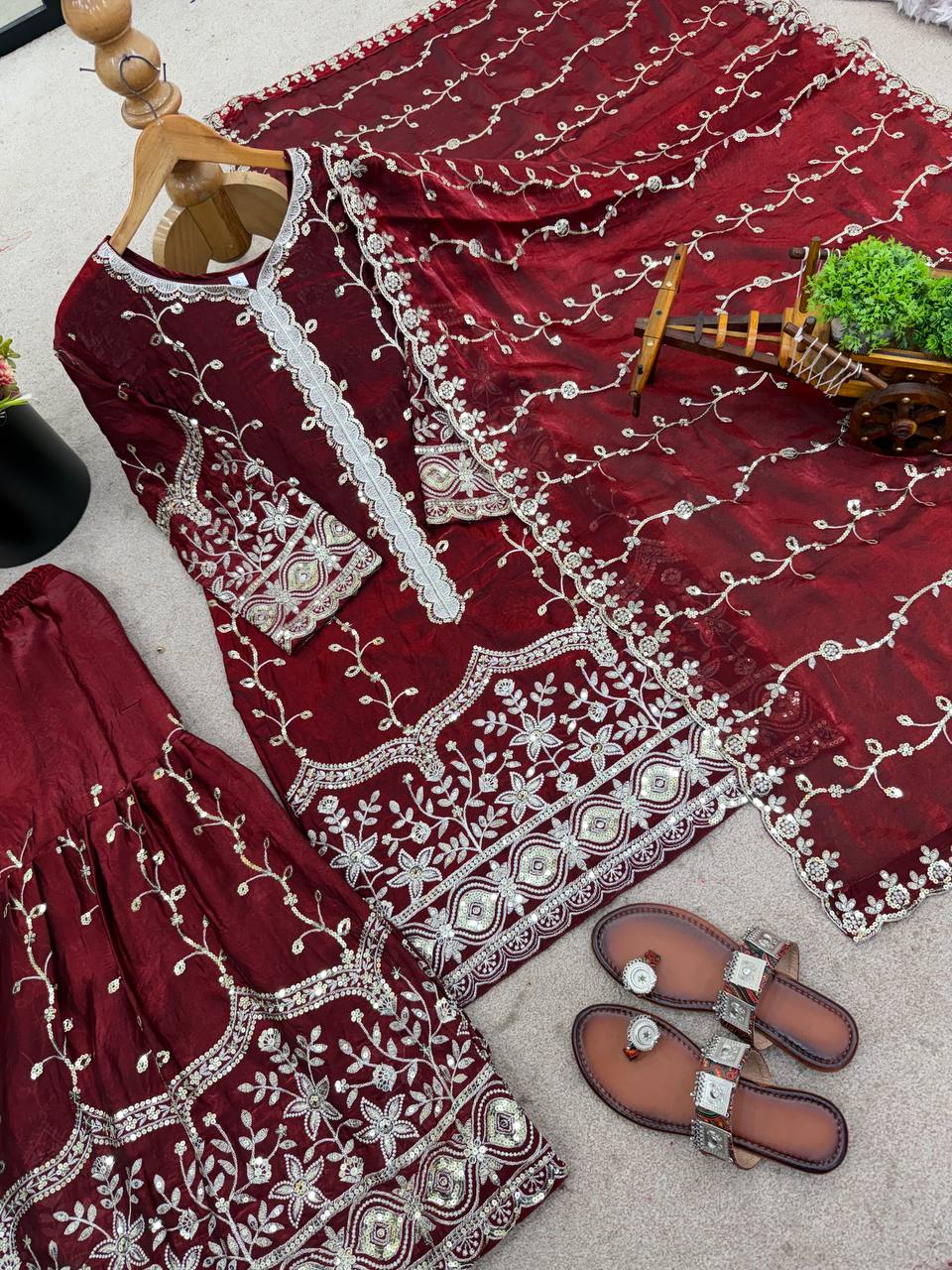 Maroon pure fendy silk with embroidery sequence work top-bottom and dupatta set