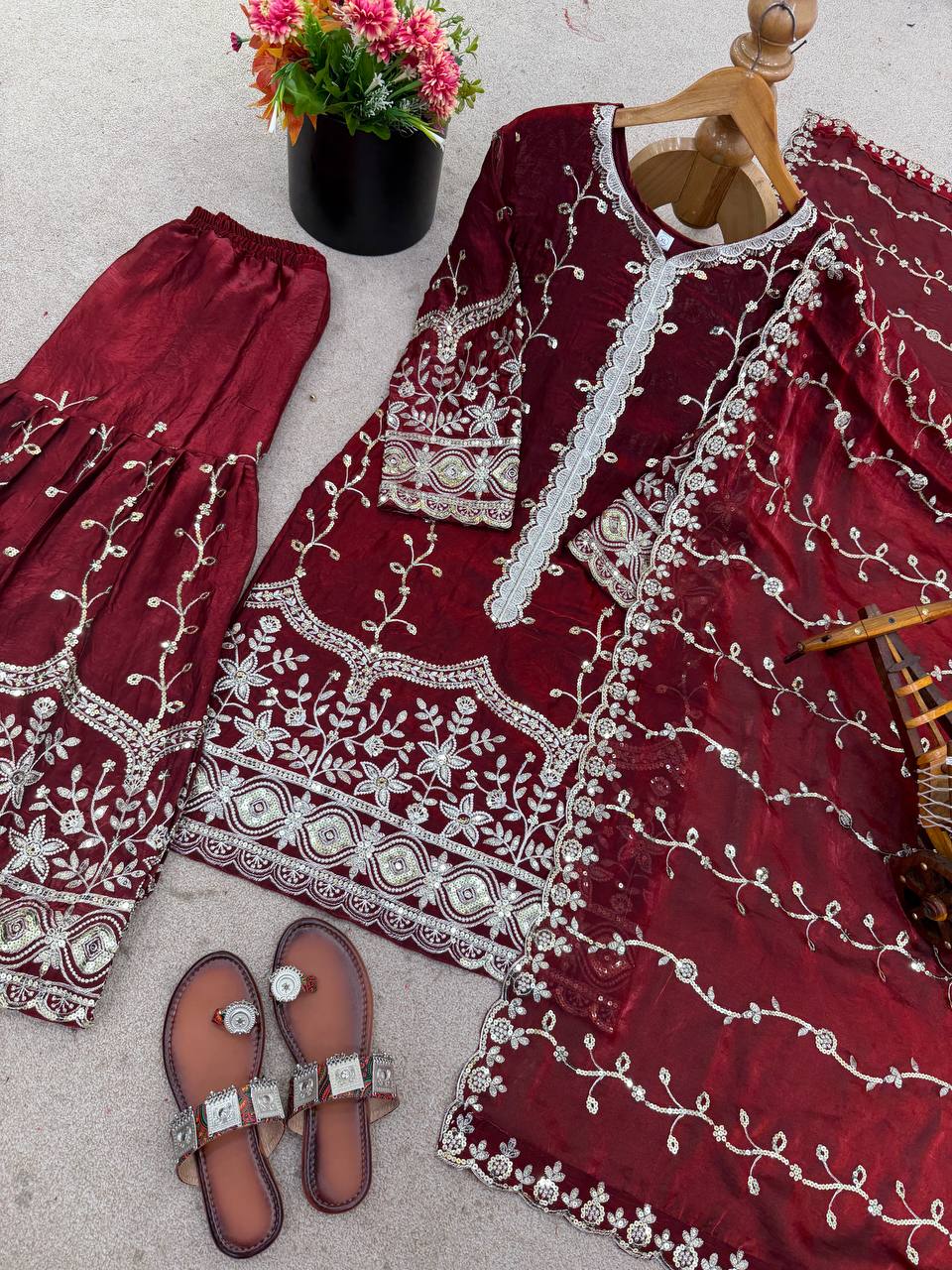 Maroon pure fendy silk with embroidery sequence work top-bottom and dupatta set
