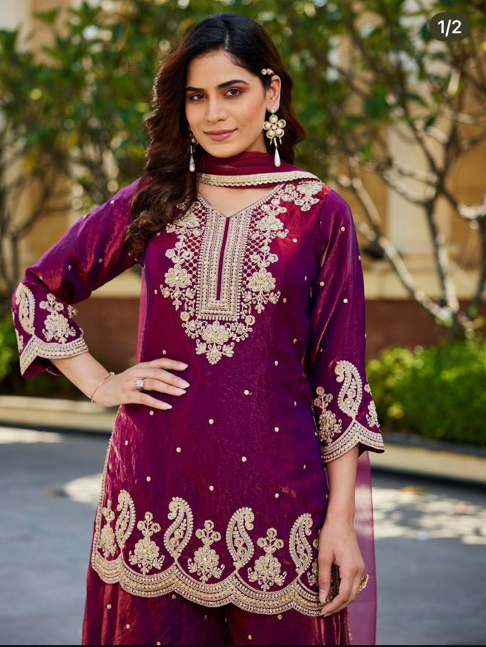 Purple pure gmy silk with embroidery sequences work ready to Wear