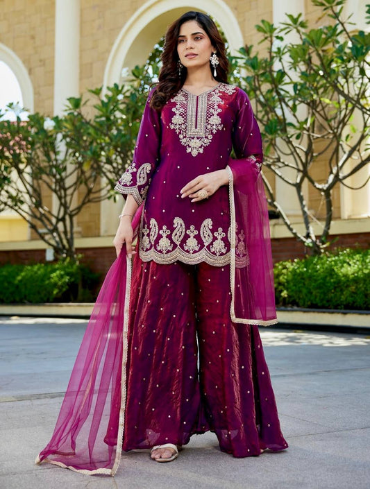 Purple pure gmy silk with embroidery sequences work ready to Wear