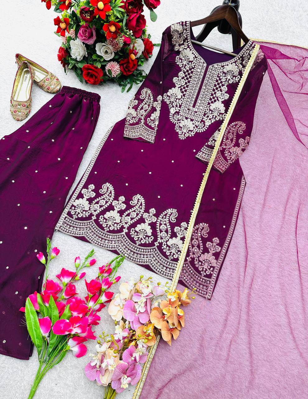 Purple pure gmy silk with embroidery sequences work ready to Wear