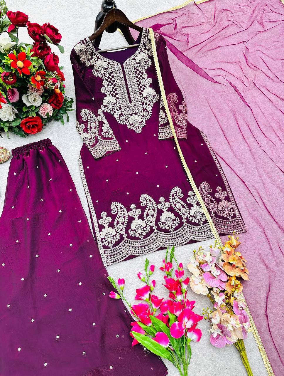 Purple pure gmy silk with embroidery sequences work ready to Wear