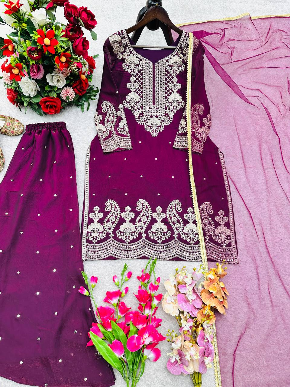 Purple pure gmy silk with embroidery sequences work ready to Wear