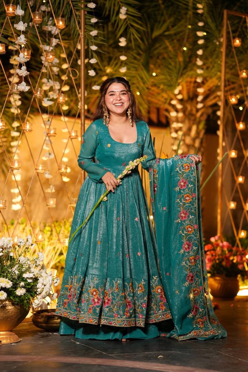 Blue soft crunchy silk with embroidery & sequins work anarkali suit set