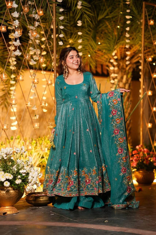 Blue soft crunchy silk with embroidery & sequins work anarkali suit set