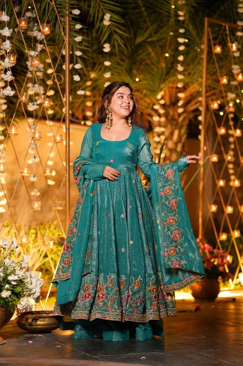 Blue soft crunchy silk with embroidery & sequins work anarkali suit set
