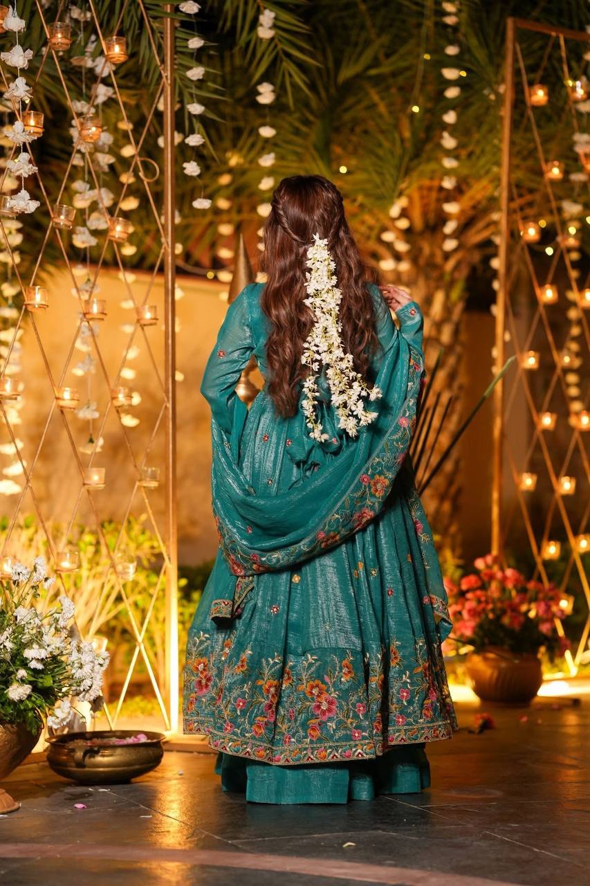 Blue soft crunchy silk with embroidery & sequins work anarkali suit set
