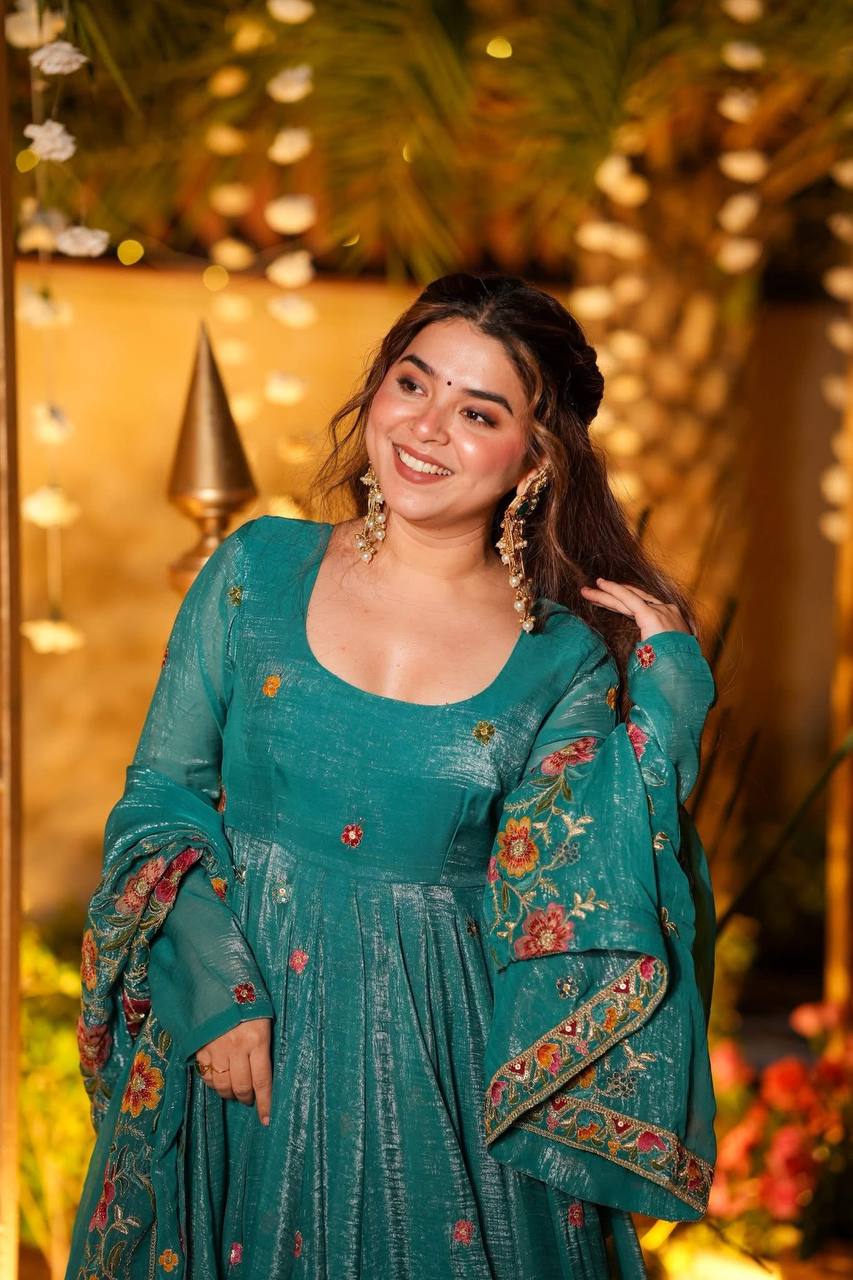 Blue soft crunchy silk with embroidery & sequins work anarkali suit set