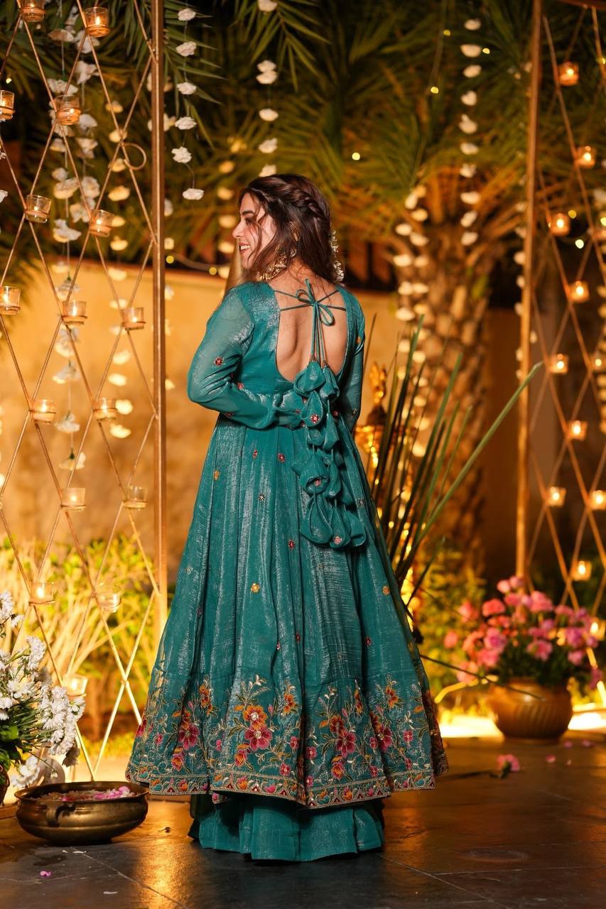 Blue soft crunchy silk with embroidery & sequins work anarkali suit set