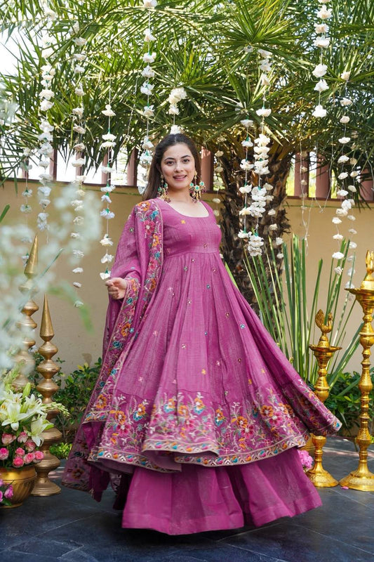 Pink soft crunchy silk with embroidery & sequins work anarkali suit set