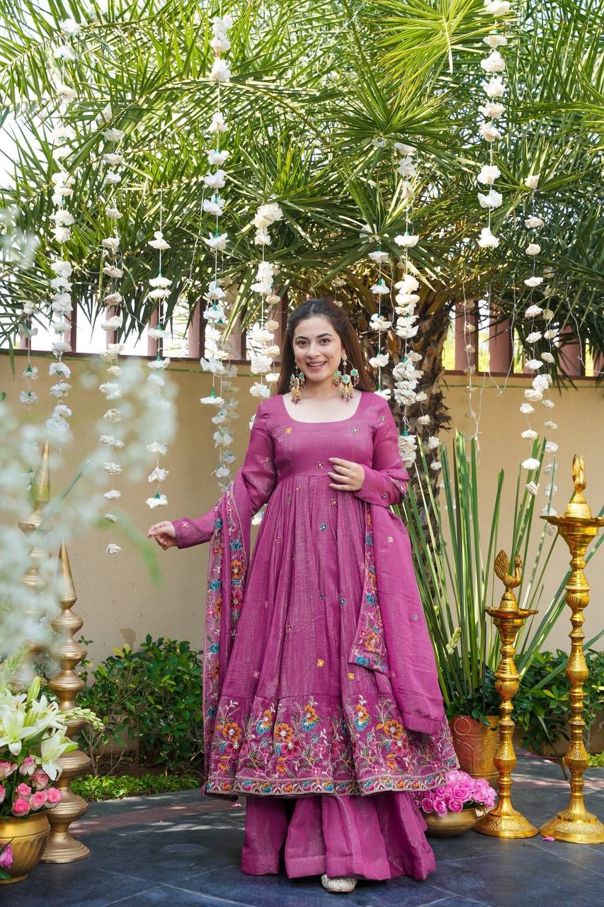 Pink soft crunchy silk with embroidery & sequins work anarkali suit set