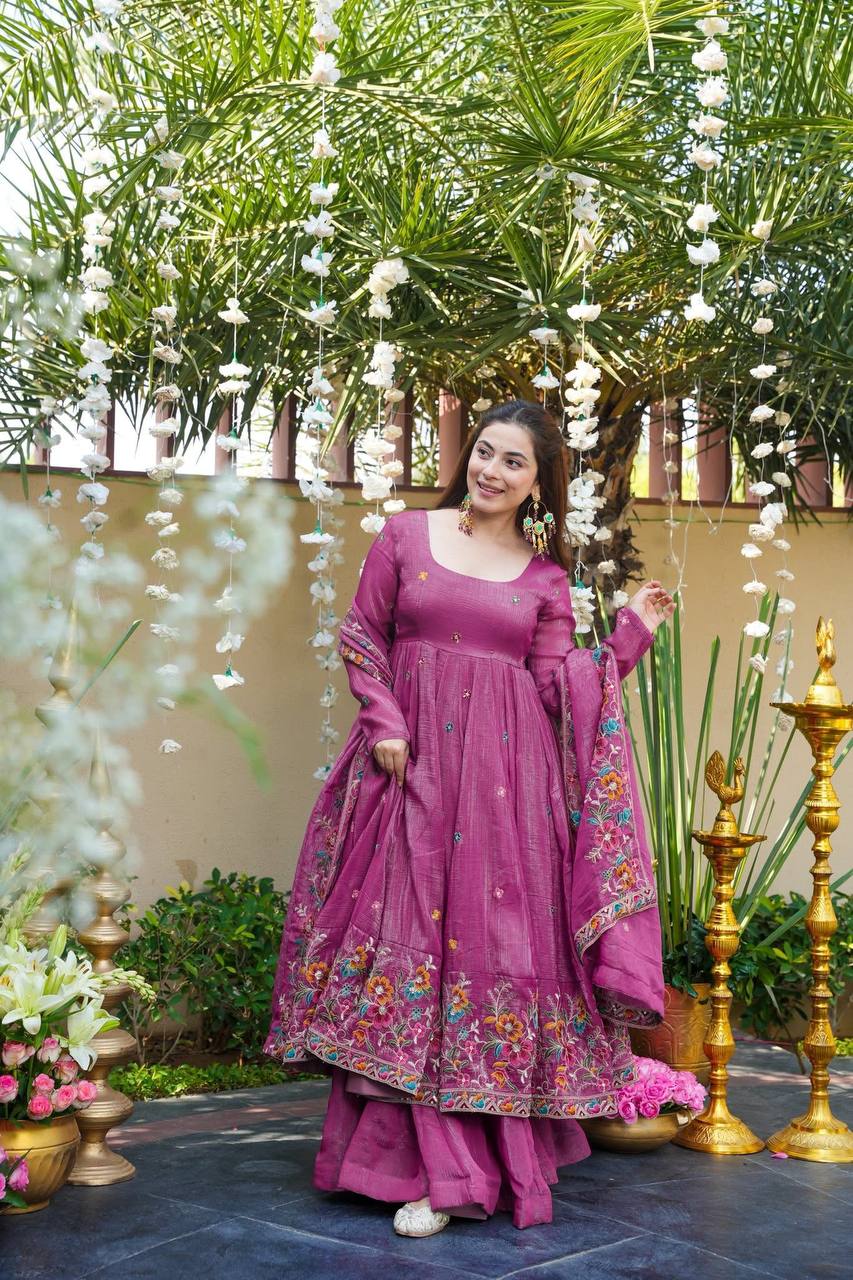 Pink soft crunchy silk with embroidery & sequins work anarkali suit set