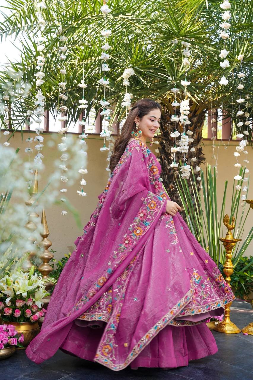 Pink soft crunchy silk with embroidery & sequins work anarkali suit set