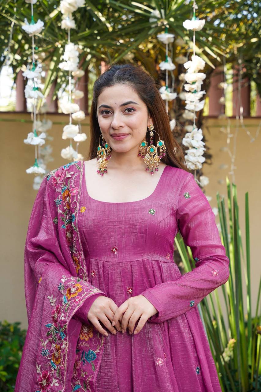Pink soft crunchy silk with embroidery & sequins work anarkali suit set