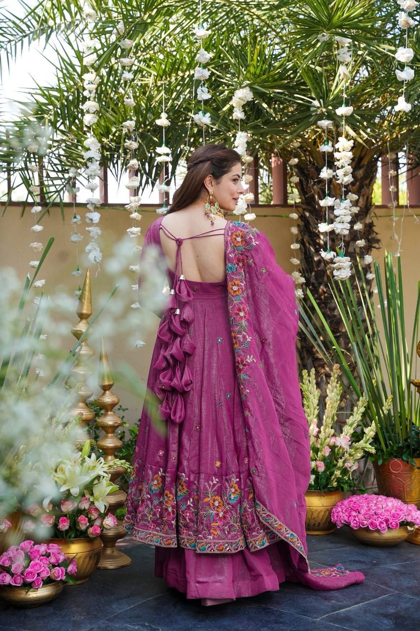 Pink soft crunchy silk with embroidery & sequins work anarkali suit set