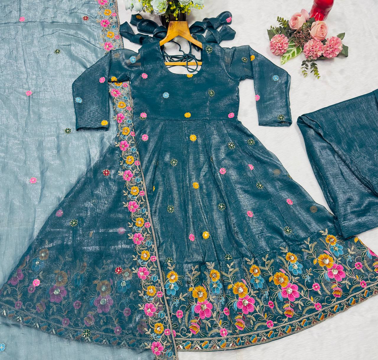 Blue soft crunchy silk with embroidery & sequins work anarkali suit set