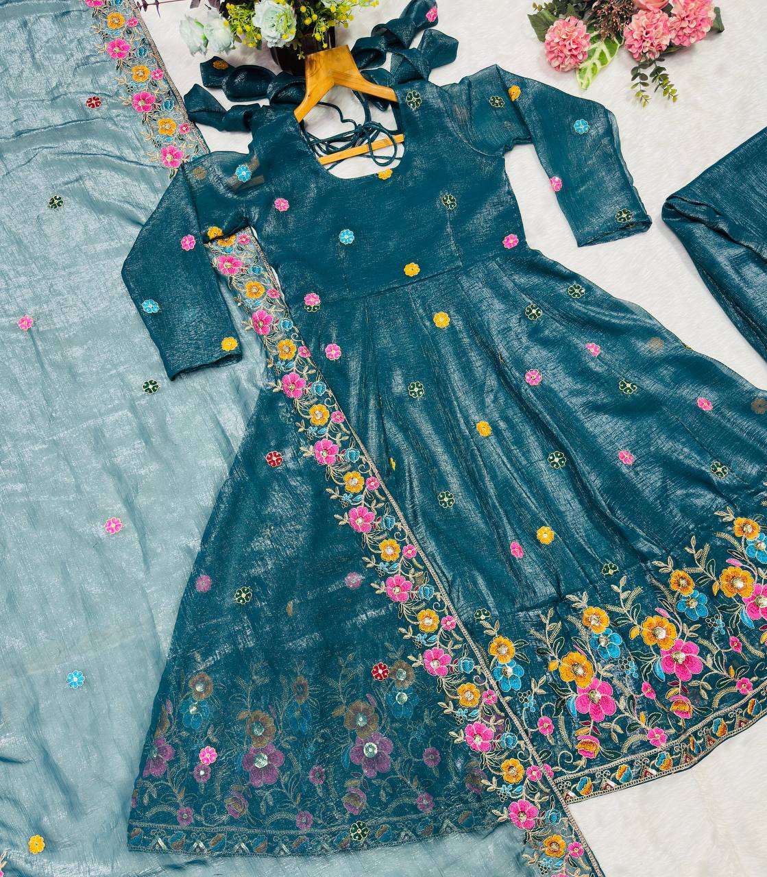 Blue soft crunchy silk with embroidery & sequins work anarkali suit set